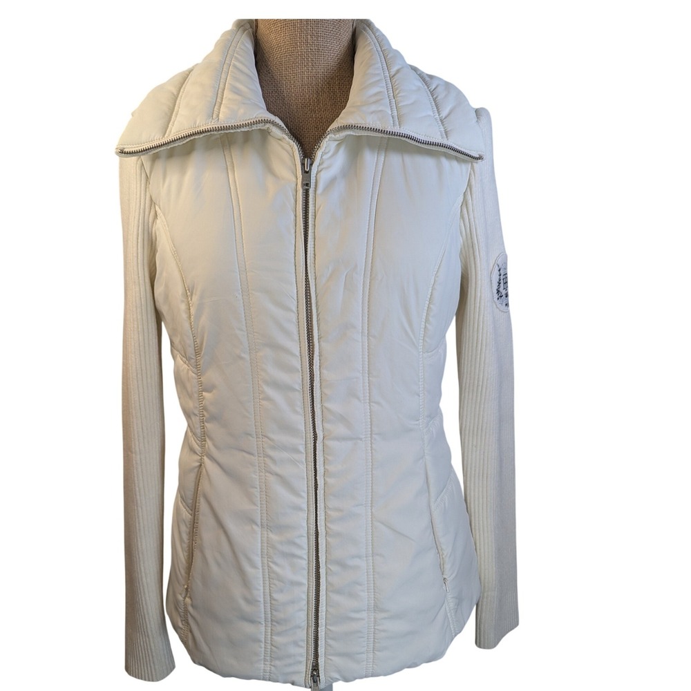 Tommy Hilfiger Women Cream Ribbed Knit Puffer Hybrid Jacket M‎